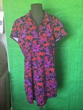 Tommy Bahama IslandZone Pink Floral Stretch Dress Sz L W Pockets, Cooling Fabric